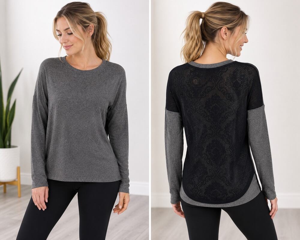 NWT Balance Collection Heather Gray Mesh Back Athleisure Long Sleeve Top Size L
